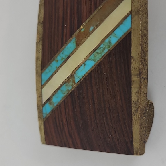 Vintage Belt Buckle SST Wood Turquoise Inlay Brass Modernist Geometric Cowgirl - Picture 3 of 8
